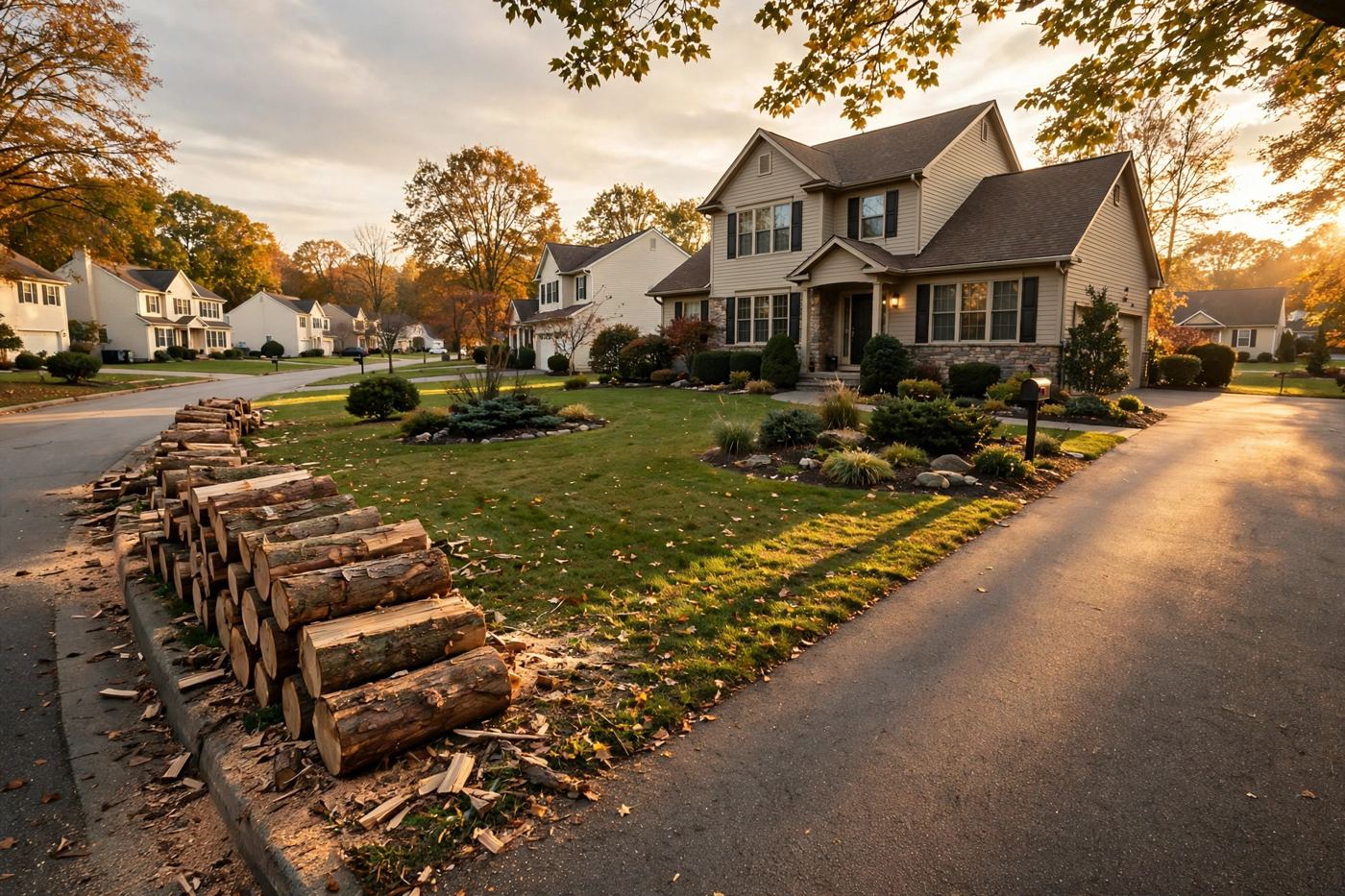 A tidy yard with stacked logs