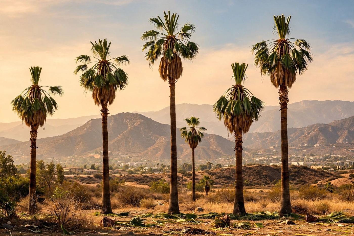 Tall palm trees against a warm sky